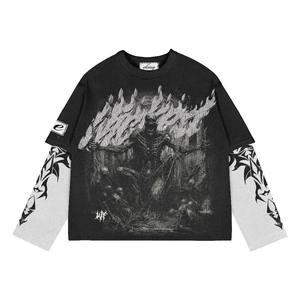Camiseta de Doble Capa Personalizada de Alta Calidad, Estilo Urbano, Estampado Completo, Mangas con Diseño de Llamas, Camiseta de Manga Larga de Doble Capa - Product Image 1