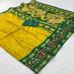 流行の卸売女性用ドーラシルクサリー、ビスコースジャカードボーダー付き、輸出業者向け在庫あり、インドの伝統衣装、インド製 - Product Image 1