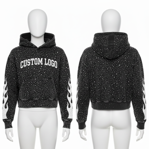 Sudadera con capucha corta personalizada con bordado desgastado para mujer, estilo streetwear, con pedrería, cremallera y lavado ácido. - Product Image 1