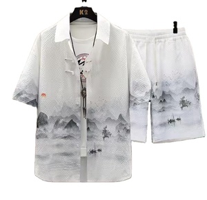 Conjunto de camiseta china informal de verano para hombre, estilo étnico, camisa de manga corta cruzada, conjunto juvenil - Product Image 1