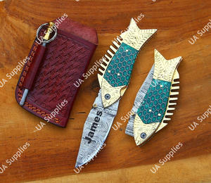 Couteau pliant de poche EDC de qualité industrielle avec lame Damas à pointe tombante et manche en laiton gravé motif nid d'abeille pour la pêche, la chasse - Product Image 6