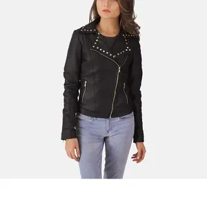 Sally Studded Black Leather Biker Jacket Stylish & Clean Fashion Women Biker Leather Jacket Genuine Sheepskin Leather Jackets