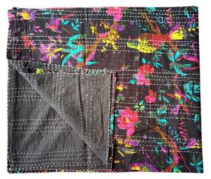 Indio hecho a mano mejor calidad Floral Queen Vintage Kantha edredón pájaro estampado algodón manta tiro artístico costura lote al por mayor - Product Image 3