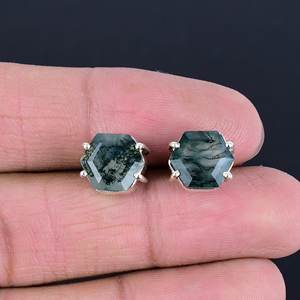 925 Sterling <b>Silver</b> Beautiful Gemstone <b>Stud</b> <b>Earrings</b> Handmade Octagonal Moss Agate Bezel Setting <b>for</b> Wedding and Party - Product Image 5