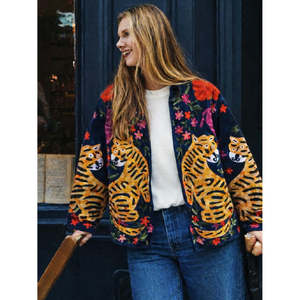 Blouson Bomber Réversible en Velours Brodé à la Main, Imprimé Animal Tigre Bleu, Vintage, 100% Coton Couleur Naturelle, Printemps Automne - Product Image 1