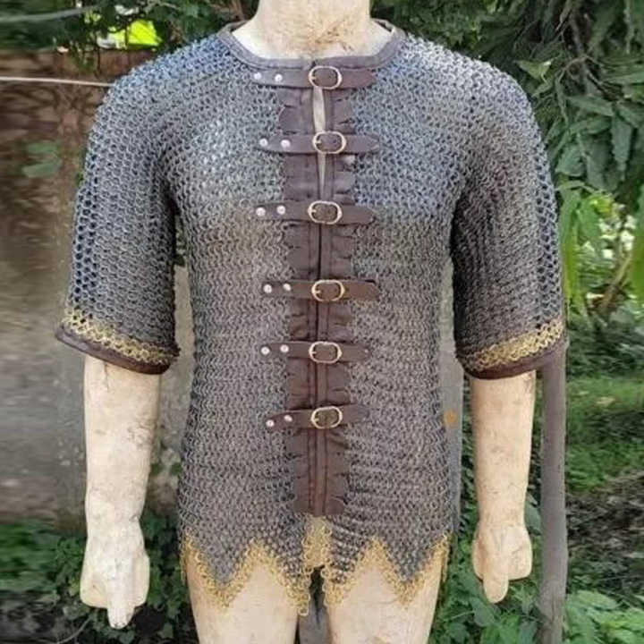 Handmade Medieval Chainmail Half Sleeves 09 mm Flat Riveted round Ring Armor Oiled Finish Model Mild Steel Zig Zag Hauberk Oil