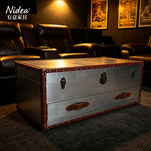Table basse vintage en aluminium style aviateur industriel avec tiroirs et garnitures en <span class=keywords><strong>cuir</strong></span> bordeaux pour bar à domicile ou salon - Product Image 3