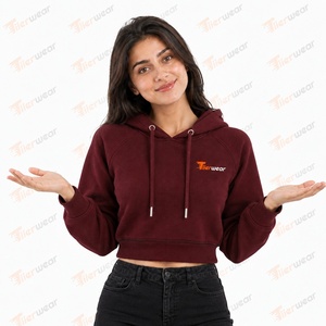 Sudadera con Capucha Corta Color Granate para Mujer, Tiierwear, Manga Larga, Color Sólido, Informal, Transpirable, de Algodón Tejido, para Otoño - Product Image 3