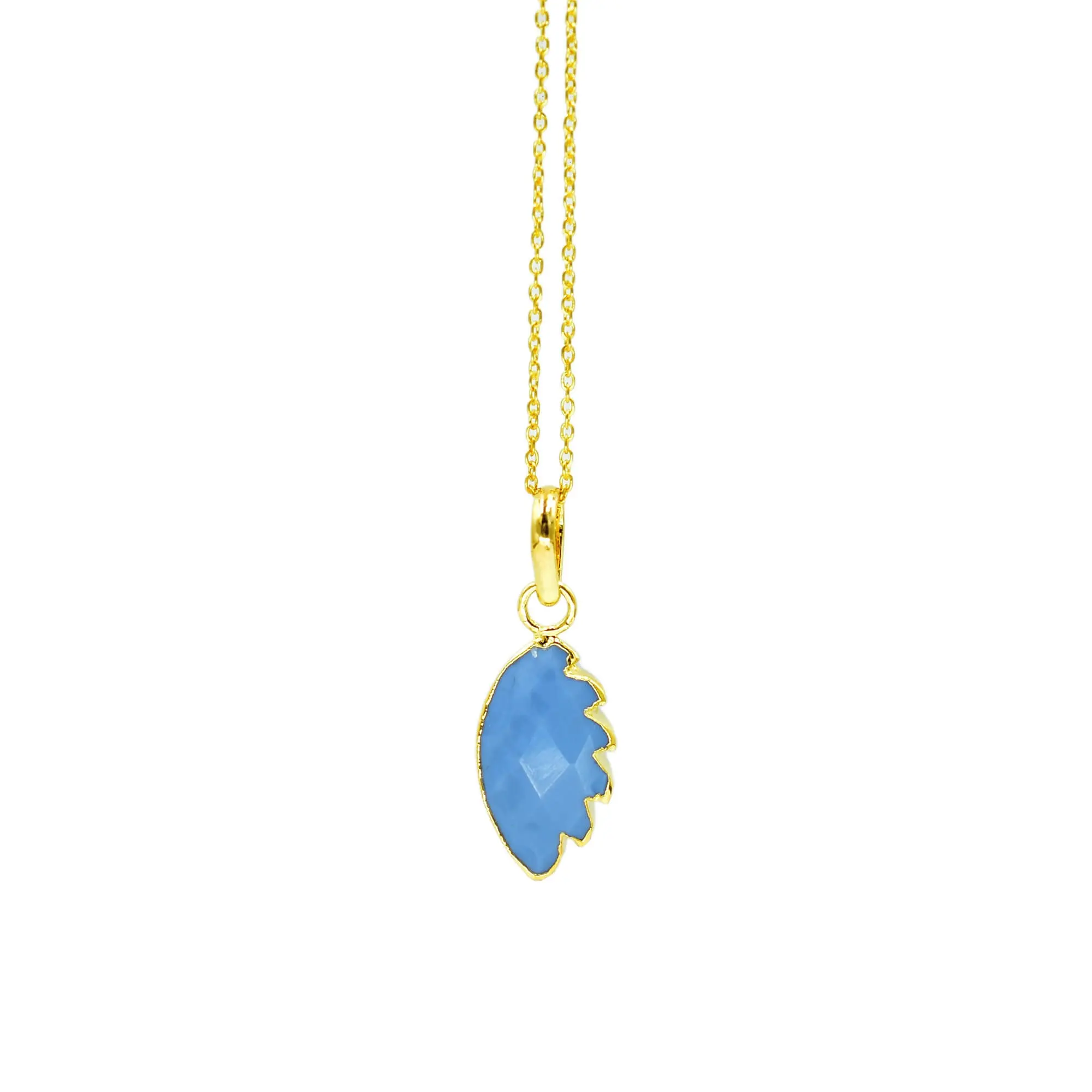 Natural blue lace agate leaf shape pendant charm necklace gold plated adjustable chain 925 sterling silver jewelry gift for her