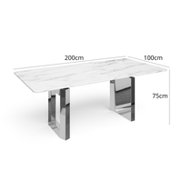 Table à manger rectangulaire 6 places, design moderne New York, plateau en marbre 200 cm, base en acier inoxydable blanc argenté, stable, fabrication italienne.