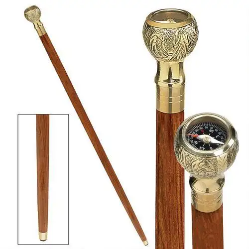 Bâton de marche de boussole nautique en laiton, article de monsieur canne de couleur marron fait à la main poignée en laiton détachable bâton de marche