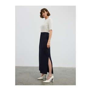 Jupe mi-longue pour femme, coupe trapèze, taille haute, sans doublure, avec fente latérale - Product Image 4
