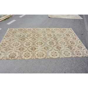 Vintage Turkish Rug 5.5x9.4 ft Large <b>Brown</b> White Bordered Patchwork <b>Wool</b> Rug Latex Backing Eco-Friendly Traditional Home Decor - Product Image 4