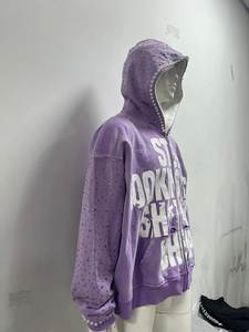 Sudaderas con Capucha para Hombre, Estilo Hip Hop, Bordado Lavado, Diseño Personalizado OEM, Estilo Urbano, Desgastado, Decolorado por el Sol, 400 g/m², con Pedrería - Product Image 6