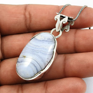 Plata de Ley 925, venta al por mayor, joyería hecha a mano, ágata de encaje azul Natural, piedra preciosa, forma ovalada, colgante clásico para mujeres y hombres, India - Product Image 3
