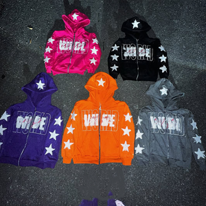 Streetwear Graphic French Terry Washed rose Patch Broderie Sweat à capuche zippé Cropped Patchwork Distressed Embroidered Zip up Hoodie - Product Image 2