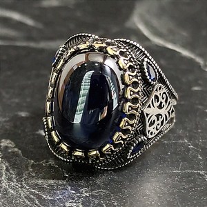 Men's Silver Yggdrasil Patterned <b>Ring</b> with Oval Dark Blue Sapphire Gemstone Handmade Tree Life Themed <b>Ring</b> <b>Opal</b> As Main Stones - Product Image 3