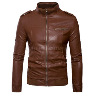 High Quality Men's <b>Long</b> Sleeve <b>Leather</b> <b>Jacket</b> with Front Logo Vintage Design Stand Collar for Winter-Best Price - Product Image 6