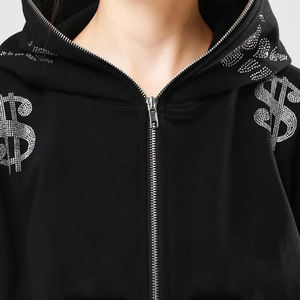 Custom Made Rhinestone Hoodie Streetwear Full Face Zip up Dollar Style Cotton Fleece Sudaderas con capucha de los hombres - Product Image 4