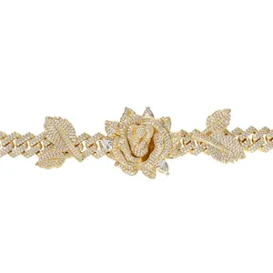 Cadena cubana chapada en oro de 18k de primera calidad, diseño de rosa con diamantes de imitación, collar de hip hop para hombres y mujeres al por mayor - Product Image 5