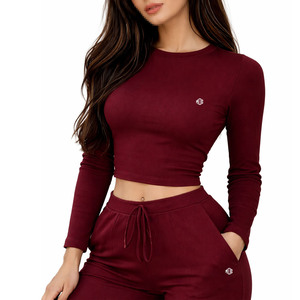 Conjunto Deportivo para Mujer, Top Corto de Manga Larga Acanalado con Pantalones Ajustados con Cordón, Ropa Deportiva al por Mayor - Product Image 3