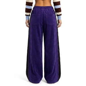 Pantalon large en velours côtelé 100 % coton léger personnalisé pour femme, coupe décontractée, taille à cordon, empiècements latéraux contrastants, style streetwear - Product Image 2