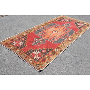 Vintage Turkish <b>Wool</b> Large Area Rug 4.4 X 9.4ft <b>Red</b> Orange Patchwork Design Latex Backing 10mm Thickness for Hallway Room Decor - Product Image 2