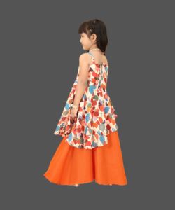 Conjunto de Top Asimétrico y Pantalones Palazzo Naranja con Estampado Floral Digital Completamente Cosido para Niñas de Shoryam Fashion |   Ropa Étnica Indo-Occidental para Niños - Product Image 5