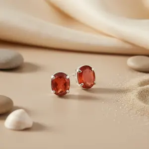 Boucles d'oreilles clous en argent 925 pour femmes, pierre de cornaline rouge ovale, bijoux, accessoire de mode - Product Image 2