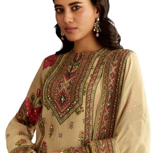 Vente en gros de vêtements ethniques pour femmes OEM en tissu à imprimé floral Kurta Palazzo Beige avec Dupatta - Product Image 2