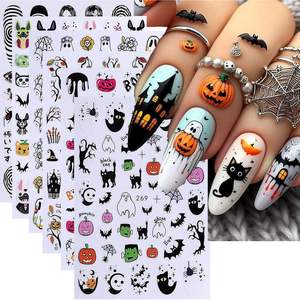 Pegatinas para decoración de uñas de Halloween, 6 hojas de bonitas flores naranjas, fantasmas, gatos negros, diseño de globo ocular de sangre de terror para arte de uñas - Product Image 6