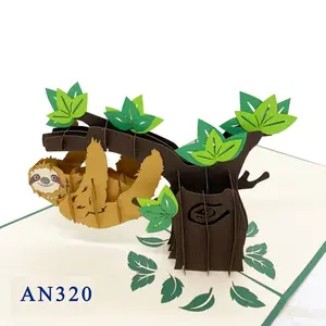 나무 늘보 팝업 카드 수제 종이 컷 레이저 3D 팝업 동물 인사말 카드 도매 베스트 셀러 Kirigami