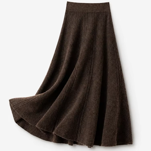 Women Wool Cashmere Blend Knit Casual Breathable Regular Waist Flared Swing Knee-Length Ribbed <strong>Skirt</strong> All Seasons - Product Image 1