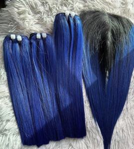 Extensions de cheveux de trame alignées par cuticule droite d'os de couleur bleue paquets de fermetures pour les femmes noires africaines-Cheveux humains de haute qualité - Product Image 1
