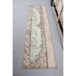 Vintage Turkish Runner Rug 2x6.8 ft, <b>Brown</b> Blue Floral <b>Wool</b> Rug - Product Image 1