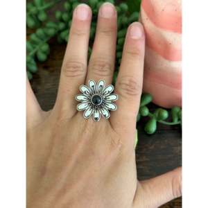 Southwest Handmade Onyx Sterling <b>Silver</b> Flower <b>Adjustable</b> Boho <b>Ring</b> - Product Image 2