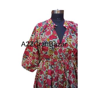 Robe midi en coton himanshi faite à la main en Inde, imprimé floral, tissu naturel confortable, tenue décontractée pour les fêtes, pour femmes - Product Image 4