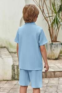 ชุดเสื้อเชิ้ตและกางเกงขาสั้นลายปุ่มสำหรับเด็กผู้ชาย 2 ชิ้น ชุดชายหาดฤดูร้อนสำหรับเด็กอายุ 5~12 ปี - Product Image 2