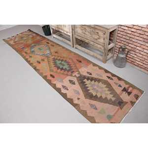 พรมวูลวินเทจแบบยาว ขนาด 2.7x11.1 ฟุต ลายคิลิมสีน้ำตาลแบบแพทช์เวิร์ค พร้อมแผ่นรองหลังทำจากยางพาราเป็นมิตรกับสิ่งแวดล้อม - Product Image 1
