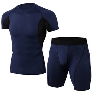 Conjunto de 2 Uds de camisa de manga corta de punto transpirable y pantalones cortos de compresión sólidos para entrenamientos de gimnasio y correr - Product Image 6
