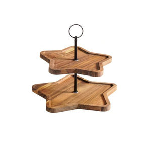 Plateau à gâteau à 2 étages en bois d'acacia avec poignée dorée, présentoir à dessert, décoration de table de restaurant, pour support à gâteau de mariage - Product Image 2