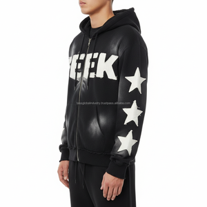 Sweat à capuche thermique zippé pour homme, 100% coton, coupe ample, style vintage Y2K, délavé au soleil, effet usé, avec patch brodé personnalisé surdimensionné - Product Image 3