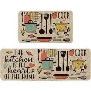 Ensemble de deux tapis de cuisine anti-fatigue, surface en lin personnalisée avec motif original, dos en caoutchouc, lavables, tapis rectangulaires - Product Image 4