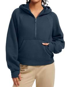 Navy <b>Blue</b> Half Zip <b>Hoodie</b> <b>Womens</b> Warm Fleece Pullover With Hood Casual Winter Wear Oversized Style Soft Material Kangaroo Pocket - Product Image 1