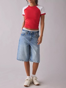 American Retro Spicy Girl Raglan Sleeves Color Blocked Short Sleeves Crop <b>Top</b> Baby Tee Women's T-shirt Short Sleeves Crop <b>Top</b> - Product Image 5