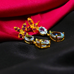 À la mode en argent sterling 925 plaqué or améthyste bleu topaze pierres précieuses fête porter dames boucles d'oreilles goutte - Product Image 4