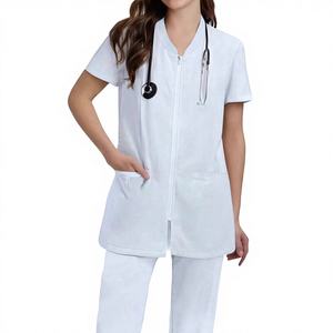Tenues médicales d'été, nouveau modèle unisexe, slim, tendance, deux pièces, manches courtes, vêtements de travail tissés pour hôpital, uniforme de médecin blanc - Product Image 2