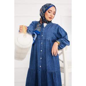 Robe en jean Hijab plissé bleu à moitié boutonné pour femme - Product Image 1