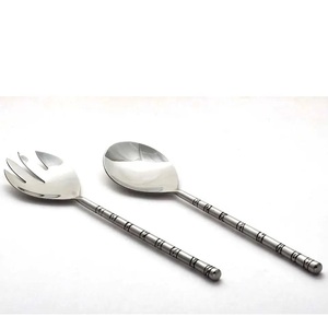 Ensemble de couverts de luxe en acier inoxydable brillant à tige de créateur, cuillère à salade et serveur à salade modernes en métal poli de haute qualité - Product Image 1
