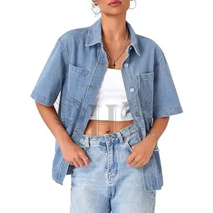 Dames Korte Mouw Button Down Denim Shirt V-Hals Oversized Casual Tuniek Tops Met Kraag Uniek Design